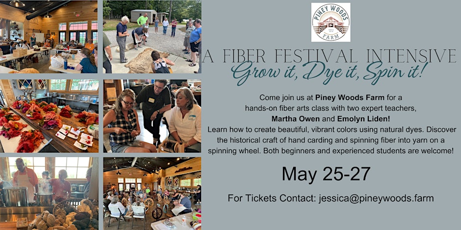 Discover the historical craft of hand carding and spinning on a spinning wheel. Come join us at Piney Woods Farm for a hands-on class with two expert teachers, Martha Owen and Emolyn Liden. Learn how to create beautiful, vibrant colors using natural dyes and explore the art of spinning fibers into yarn.