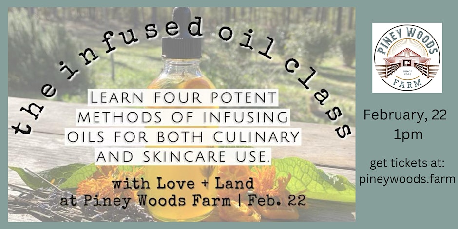 Using organic locally grown herbs, we will create four different infused oils, using the same herb, so you can see, feel, smell, and experience the difference at the end of each infusion method.